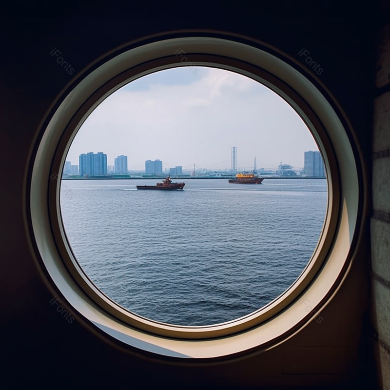 轮船圆形窗外的景色大海上的船舶,高清,摄影图,摄影图片,图片大全,摄影图免费下载